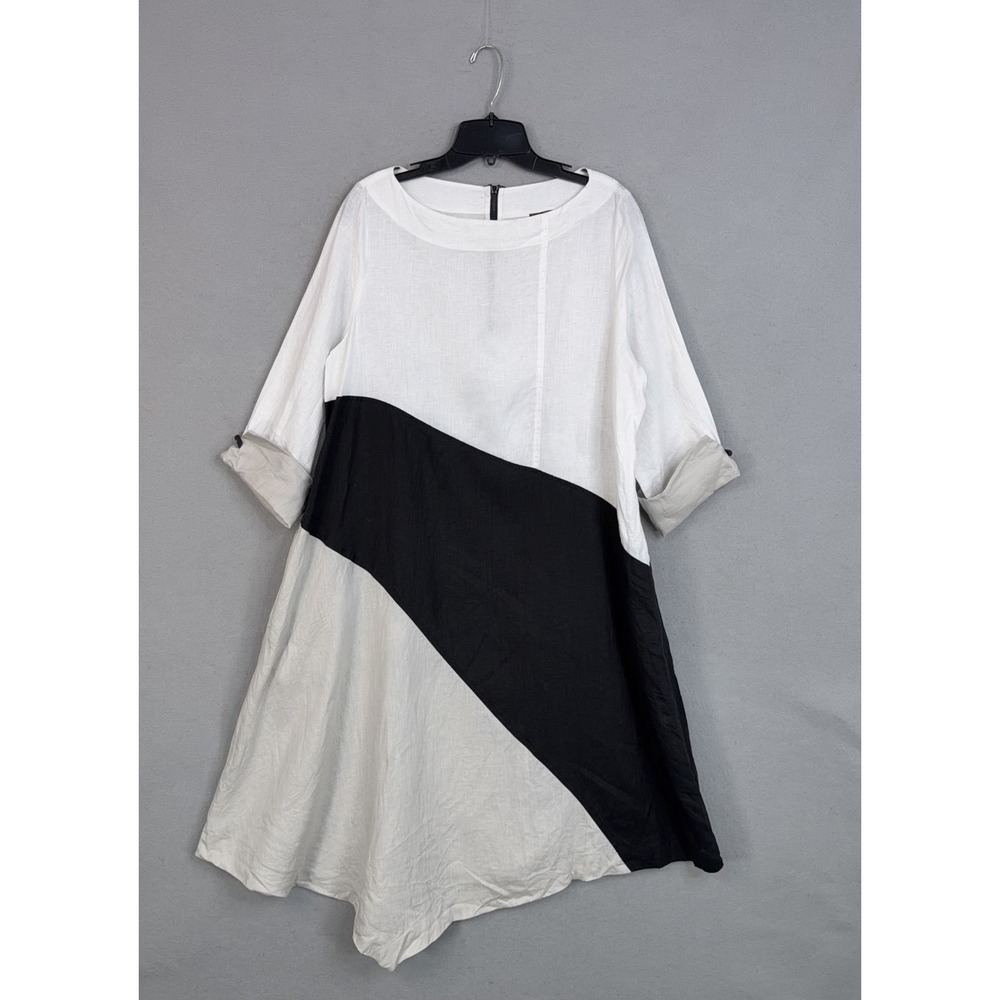 Coleman Collection Dress Womens Medium White Black Colorblock Linen Lagenlook